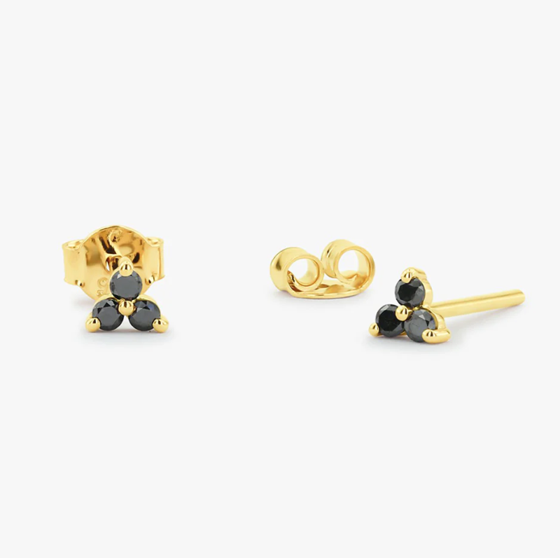 10K Gold Tiny Black Diamond Trio Stud Earrings-1