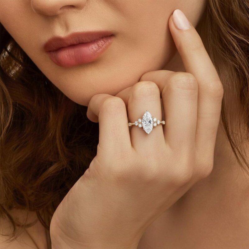 Anillo de compromiso personalizado de oro 10K con diamante creado en laboratorio de corte marquesa, de 1 a 3,5 quilates, color D, claridad VVS1-VS1, certificado IGI con 3EX-2