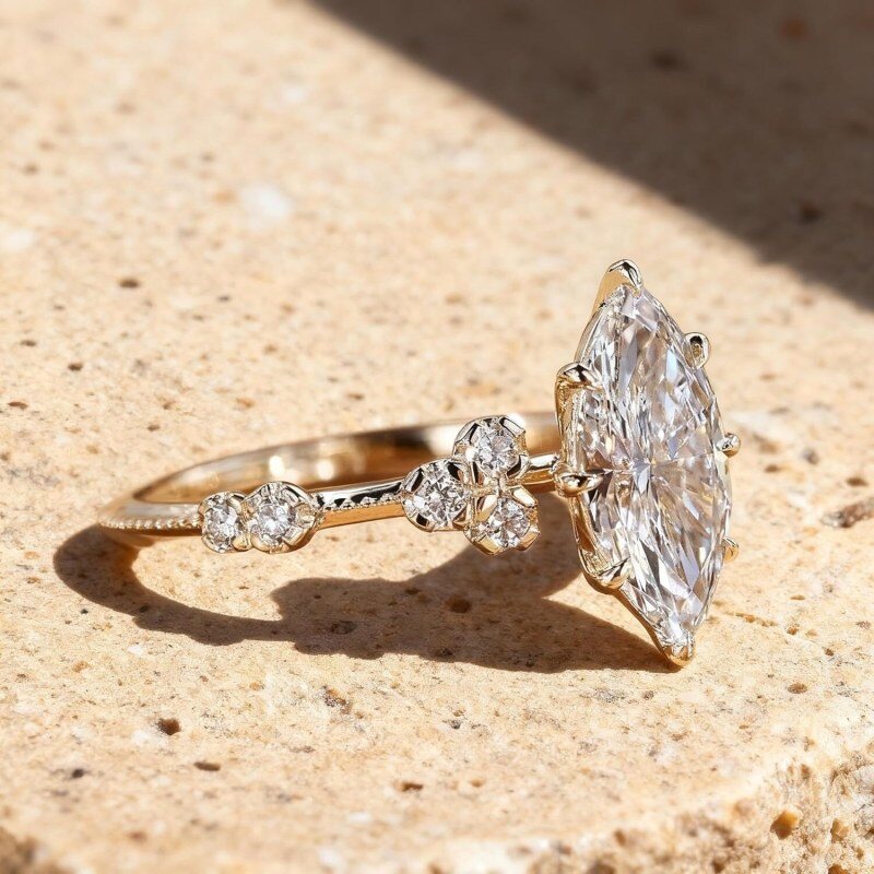 Anillo de compromiso personalizado de oro 10K con diamante creado en laboratorio de corte marquesa, de 1 a 3,5 quilates, color D, claridad VVS1-VS1, certificado IGI con 3EX-3