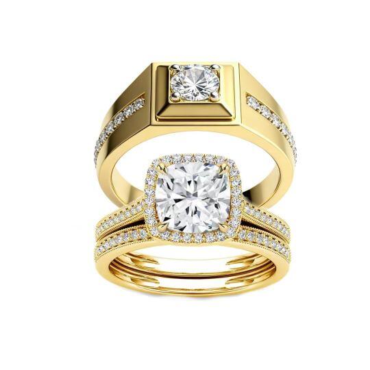 Anillos personalizados de pareja de oro de 14 quilates con diamantes creados en laboratorio de corte redondo y en forma de cojín, de 1 a 3,5 quilates, color D, pureza VVS1-VS1, certificados IGI, 3EX