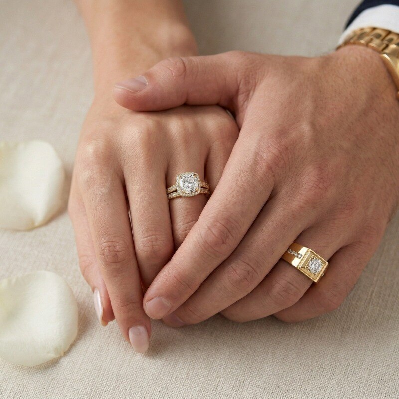 14K Gold 1 to 3.5 CT Round Cut & Cushion Cut Lab Created Diamond Custom Couple Rings D Color VVS1-VS1 Clarity 3EX IGI Certified-2