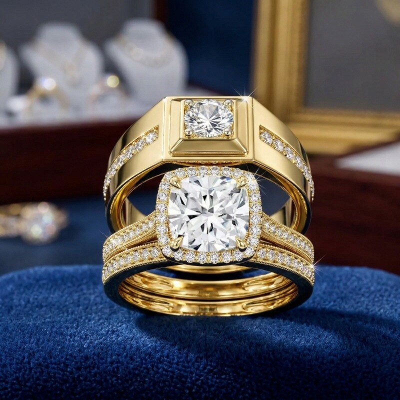 14K Gold 1 to 3.5 CT Round Cut & Cushion Cut Lab Created Diamond Custom Couple Rings D Color VVS1-VS1 Clarity 3EX IGI Certified-3