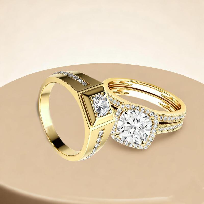 14K Gold 1 to 3.5 CT Round Cut & Cushion Cut Lab Created Diamond Custom Couple Rings D Color VVS1-VS1 Clarity 3EX IGI Certified-4