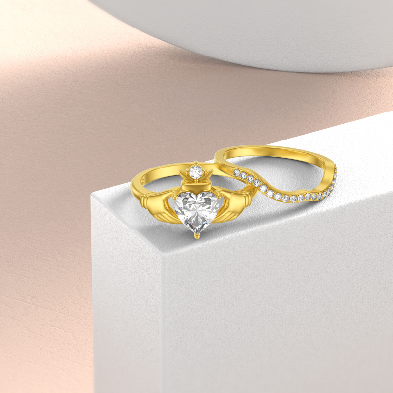 Conjunto nupcial Claddagh en oro de 10 quilates con talla corazón de 1 a 6 quilates-3