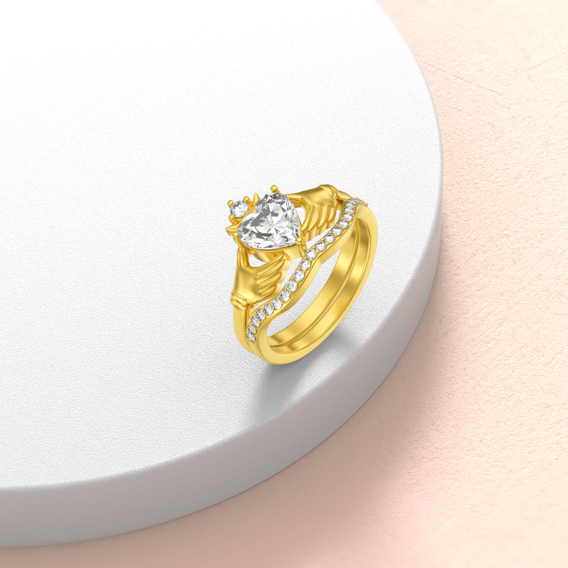 Conjunto nupcial Claddagh en oro de 10 quilates con talla corazón de 1 a 6 quilates-4