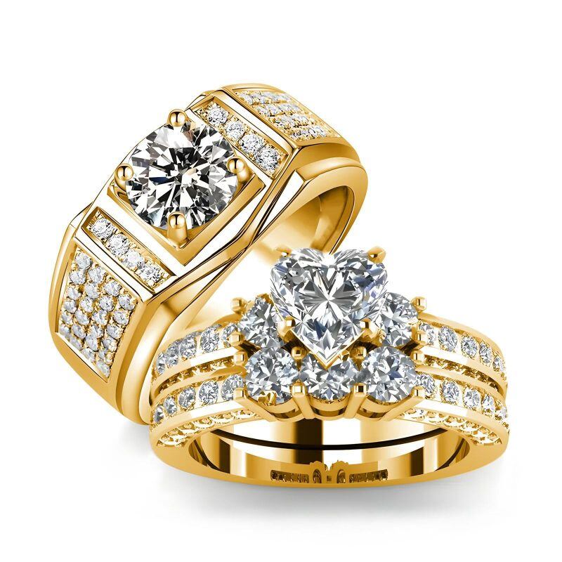 10K Gold 1 to 6 CT Heart Cut Moissanite Couple Rings-1