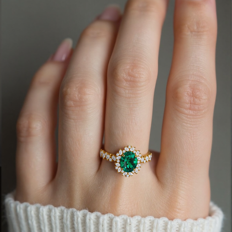 14K Gold 2 to 7 CT Oval Cut Lab Created Emerald Engagement Ring-4