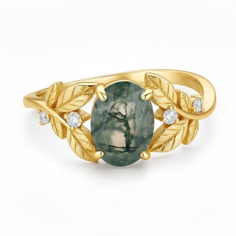 14-karatowe złoto, 1 do 5 ct, owalny szlif agatu mszystego między liśćmi, obrączka zaręczynowa-1