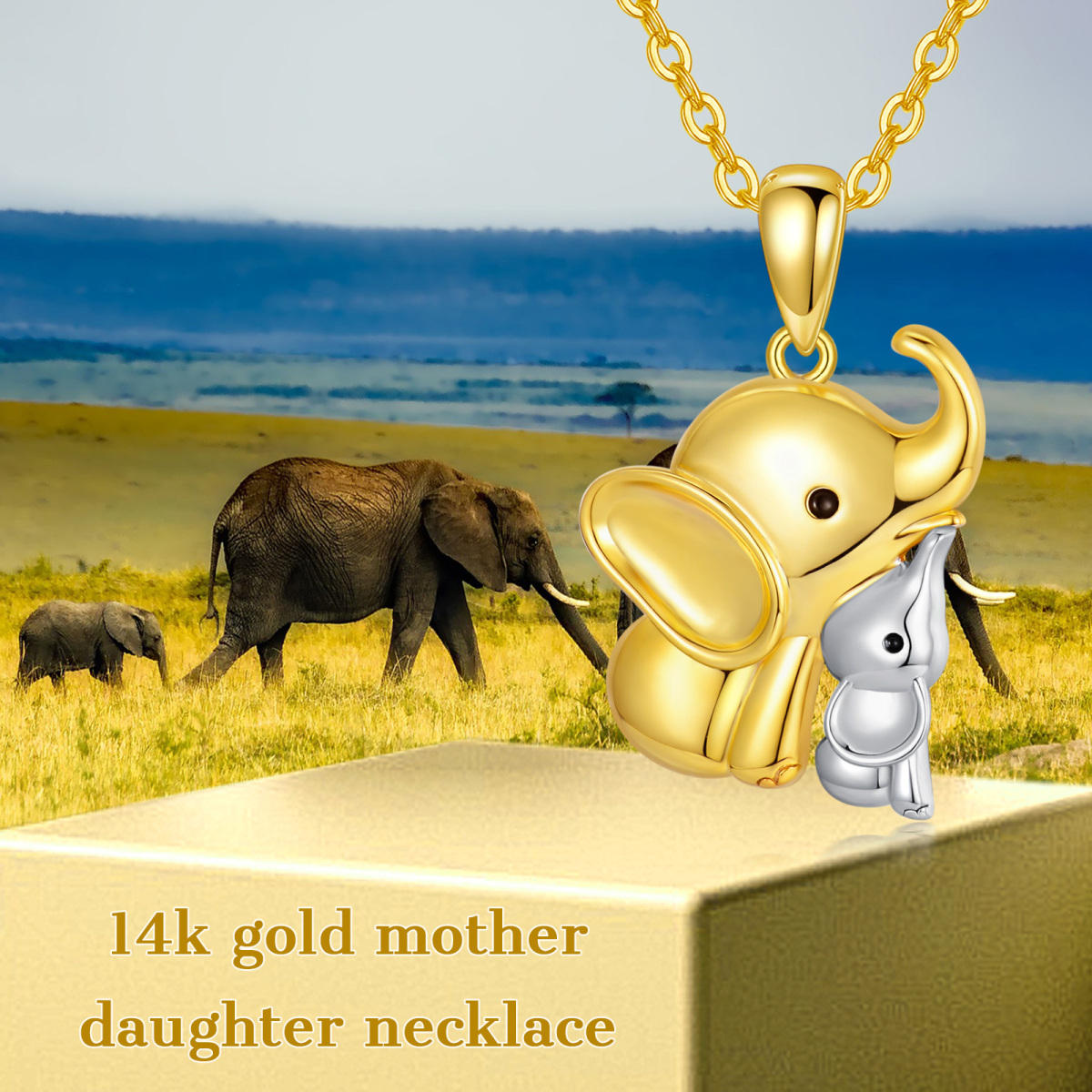 14K Gold Two-tone Elephant Mom & Baby Pendant Necklace-3