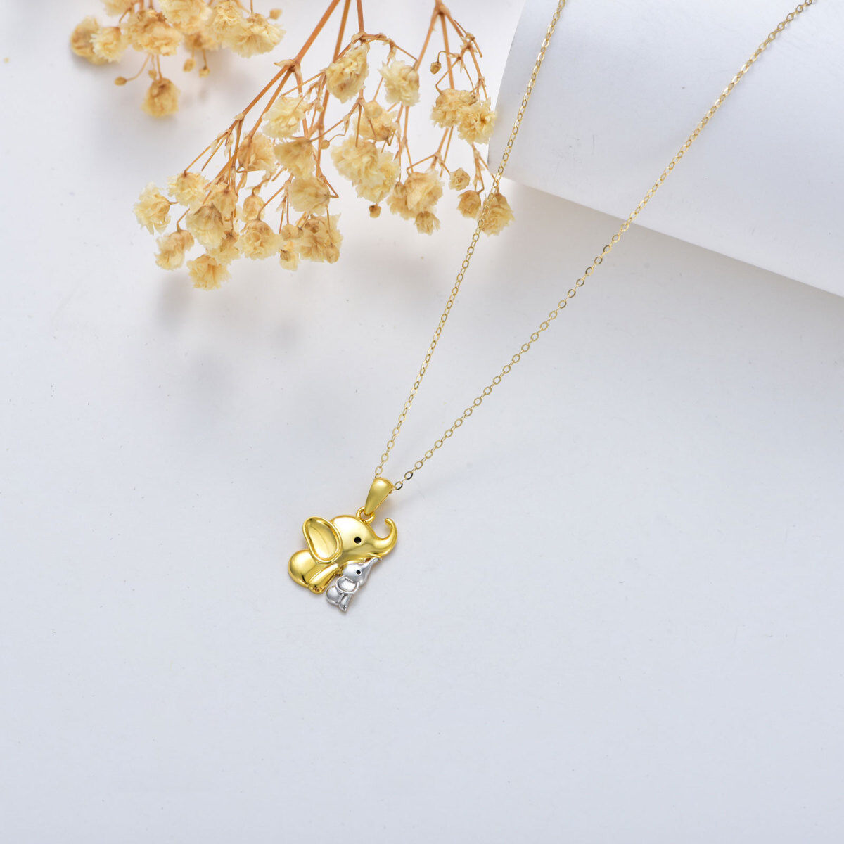 Collier pendentif maman et bébé éléphant en or 14K bicolore-4