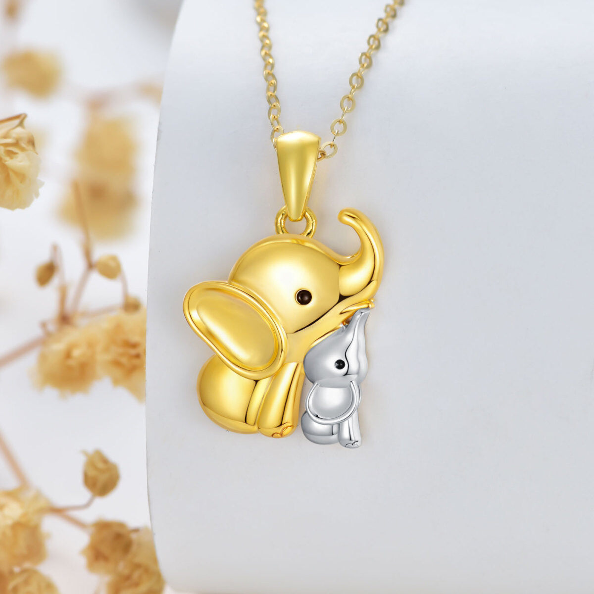 14K Gold Two-tone Elephant Mom & Baby Pendant Necklace-5