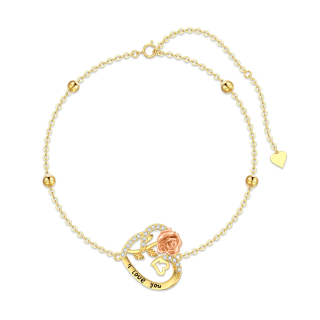 10K Gold Two-tone Heart Pendant With Cubic Zirconia Single Layer Anklet-27