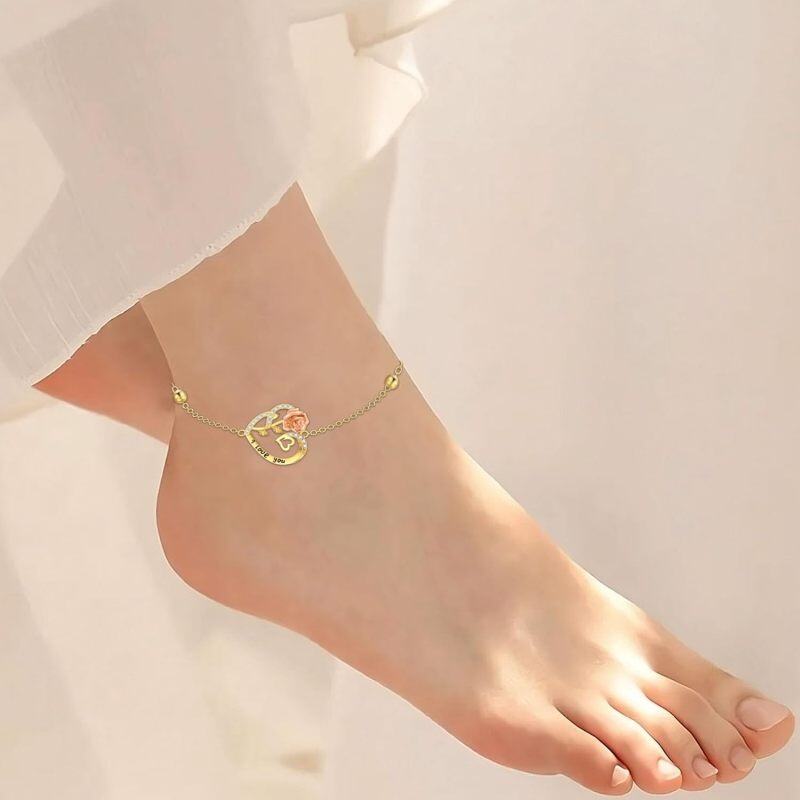 Pendente coração bicolor em ouro 10K com tornozeleira de camada única de zircónia cúbica-2