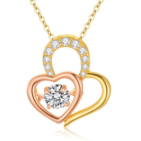 Collier personnalisé en or 14 carats avec pierre de naissance bicolore en moissanite et cœur pour couple