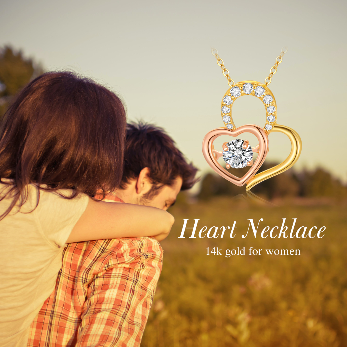 10K Gold Two-tone Moissanite Personalized Birthstone Couple Heart With Heart Necklace-6