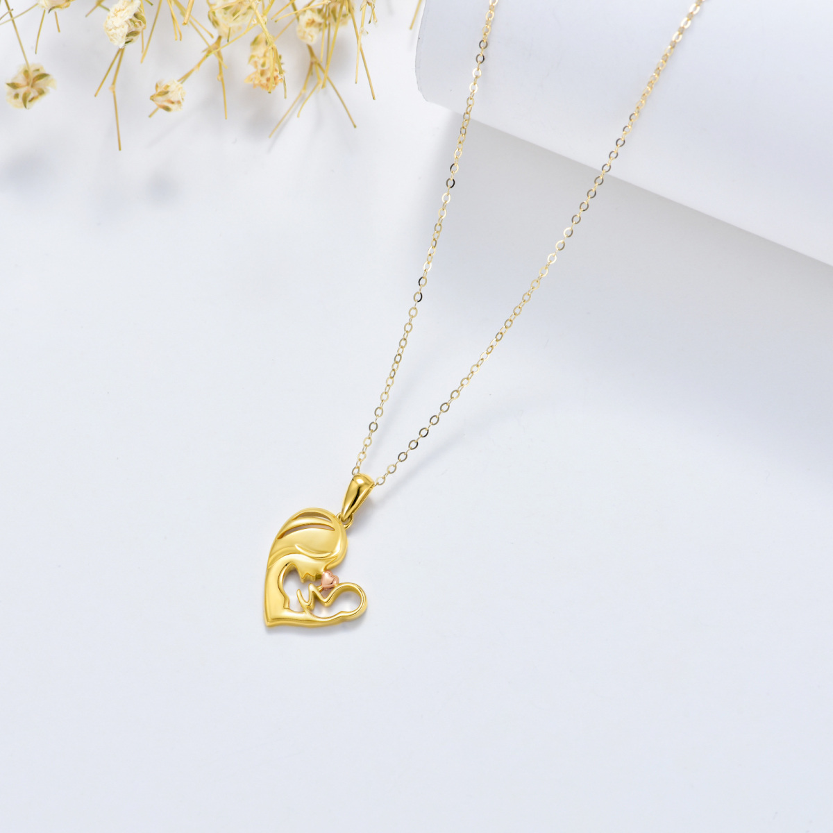 Collier en or bicolore avec pendentif en forme de coeur mère et fille (14K)-3