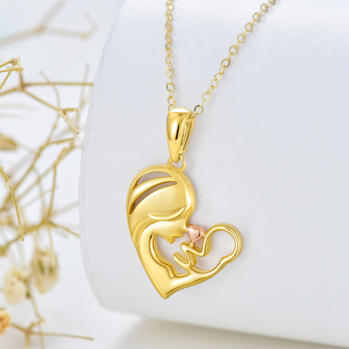 10K Gold Two-tone Mother & Daughter Heart Pendant Necklace-4