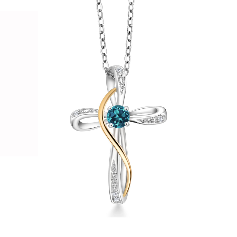 Sterling Silver Two-tone Cubic Zirconia Personalized Birthstone & Cross Pendant Necklace-1