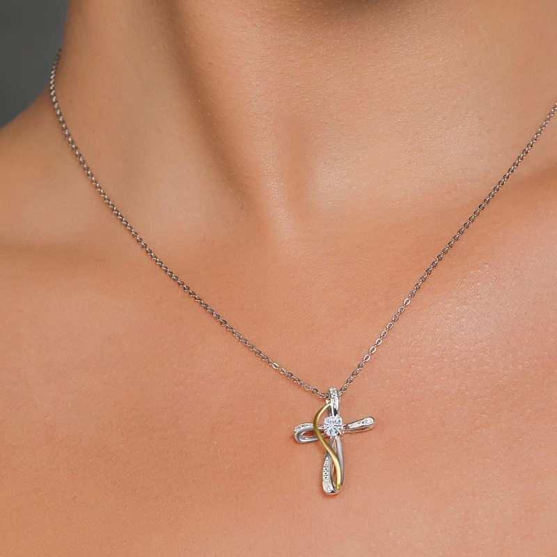 Sterling Silver Two-tone Cubic Zirconia Personalized Birthstone & Cross Pendant Necklace-2