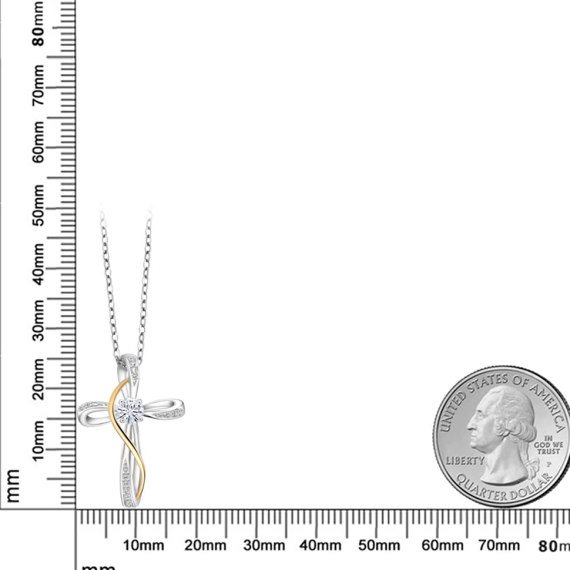 Sterling Silver Two-tone Cubic Zirconia Personalized Birthstone & Cross Pendant Necklace-4