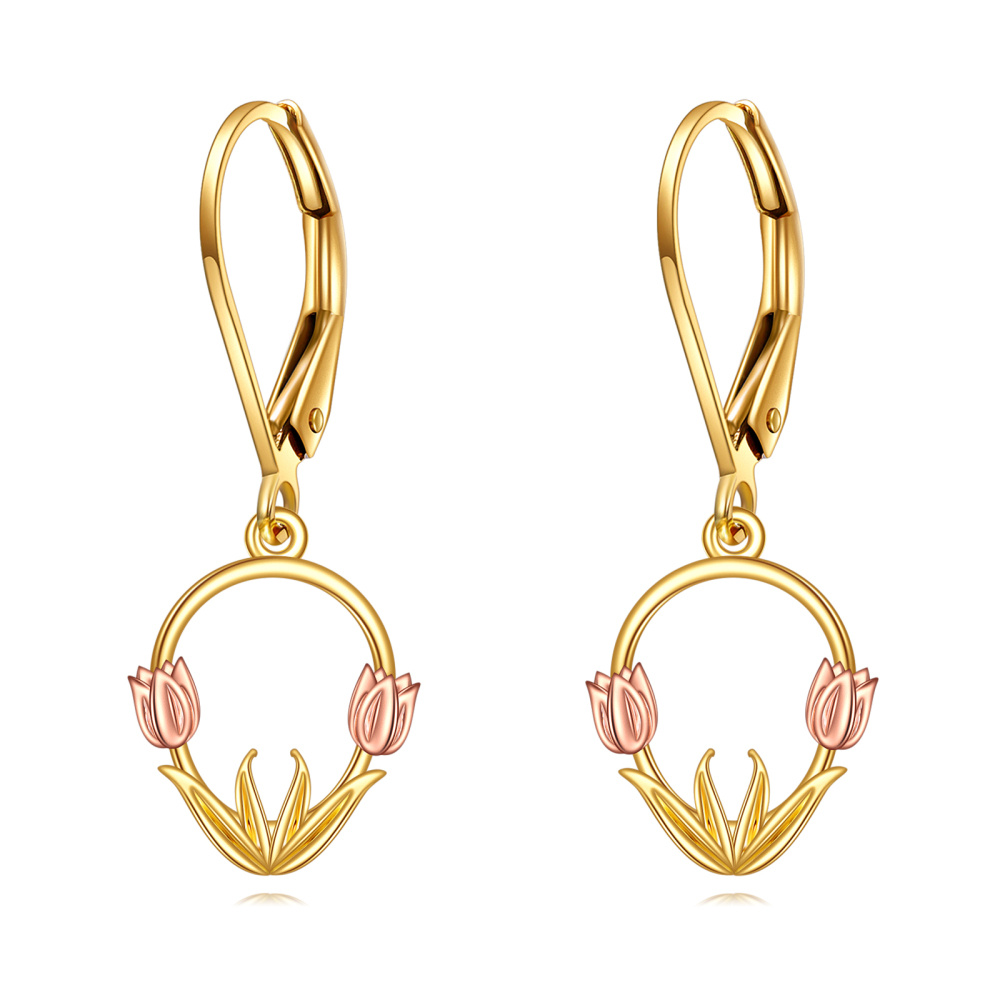 Pendientes de oro de 14 quilates con tulipanes en dos tonos y cierre de palanca para mujer-1