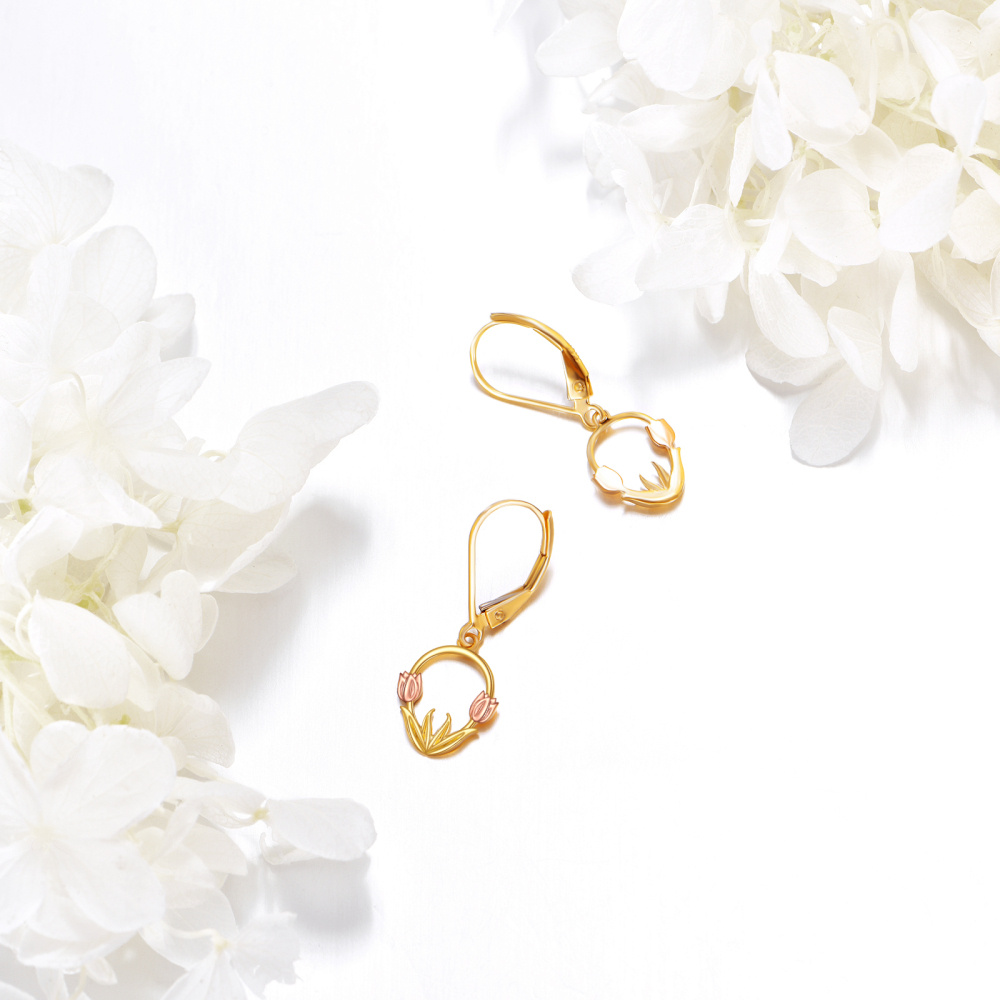 Pendientes de oro de 14 quilates con tulipanes en dos tonos y cierre de palanca para mujer-3