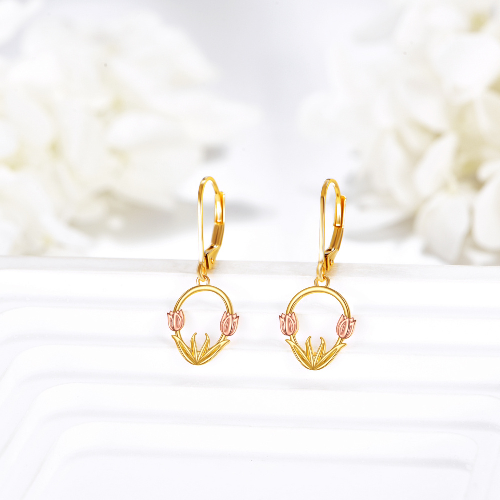 Pendientes de oro de 14 quilates con tulipanes en dos tonos y cierre de palanca para mujer-4