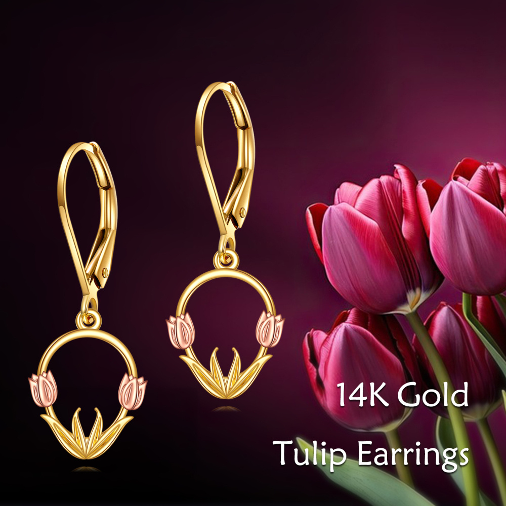Pendientes de oro de 14 quilates con tulipanes en dos tonos y cierre de palanca para mujer-6