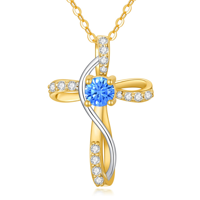 14K Gold Cubic Zirconia & Topaz Cross Pendant Necklace-1