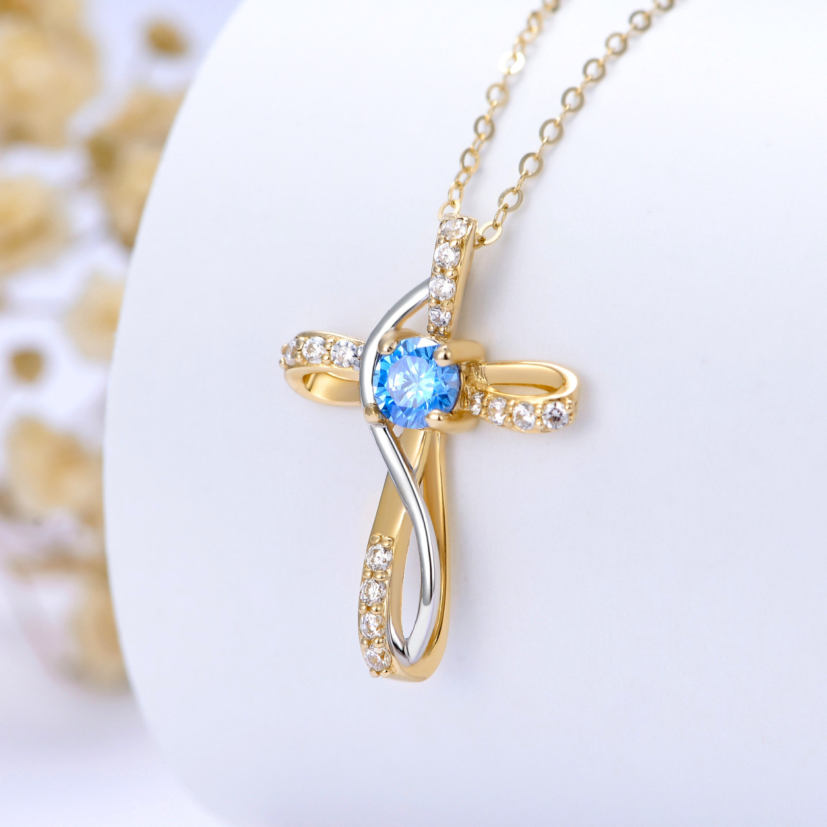 14K Gold Cubic Zirconia & Topaz Cross Pendant Necklace-3