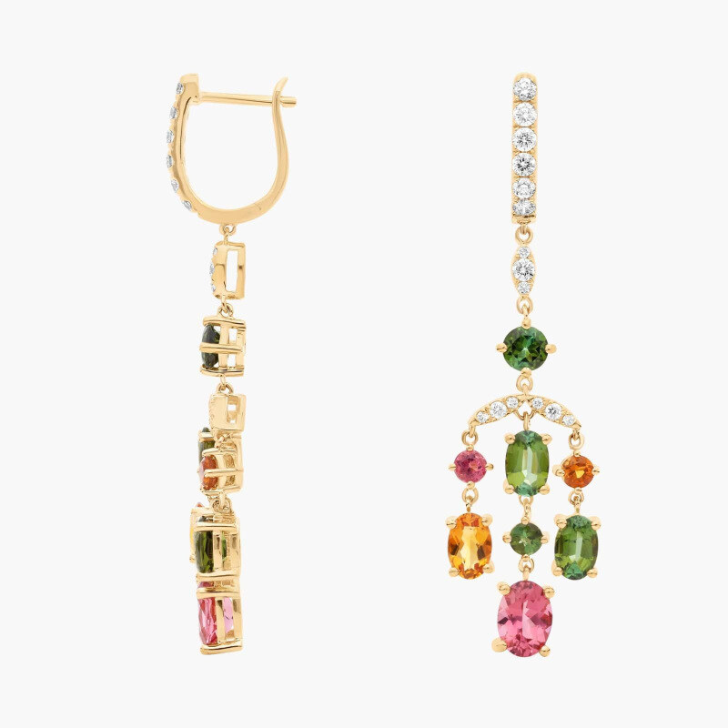 أقراط متدلية على شكل ثريا من التورمالين والسيترين باللون الذهبي عيار 10K-2