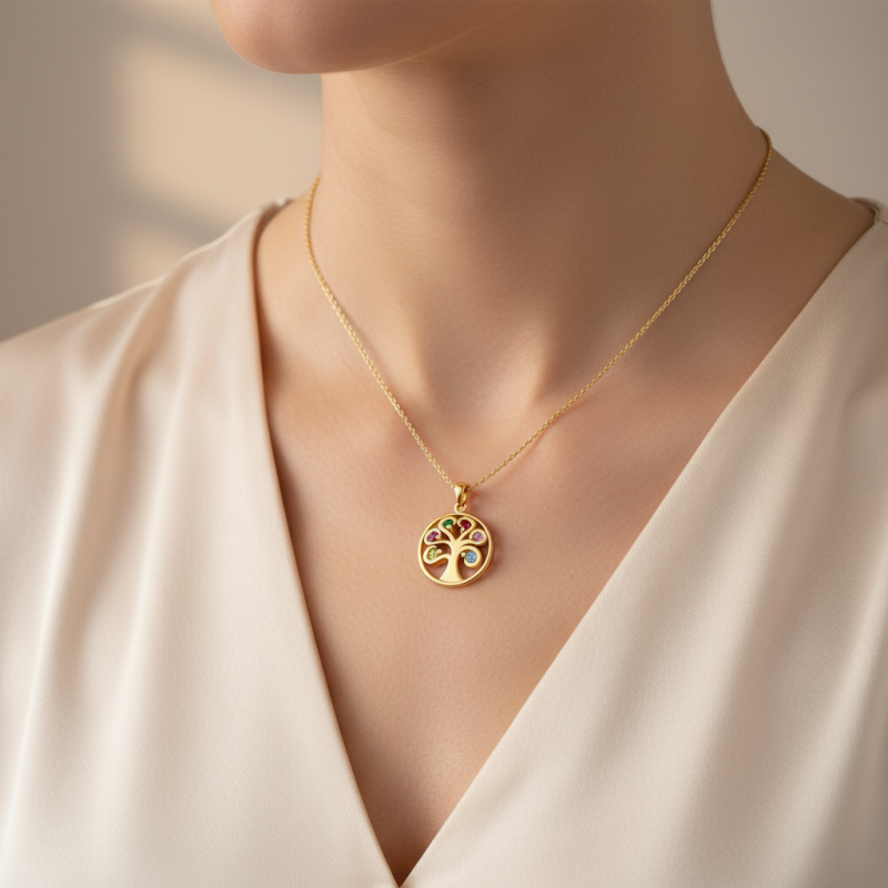 Collar con colgante del árbol de la vida en oro blanco de 10 quilates, circonita cúbica y piedra natal personalizada.-2