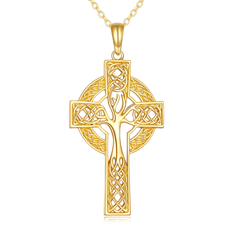 Collar con colgante de cruz de árbol de la vida de oro amarillo de 14 quilates con nudo celta para mujer-20