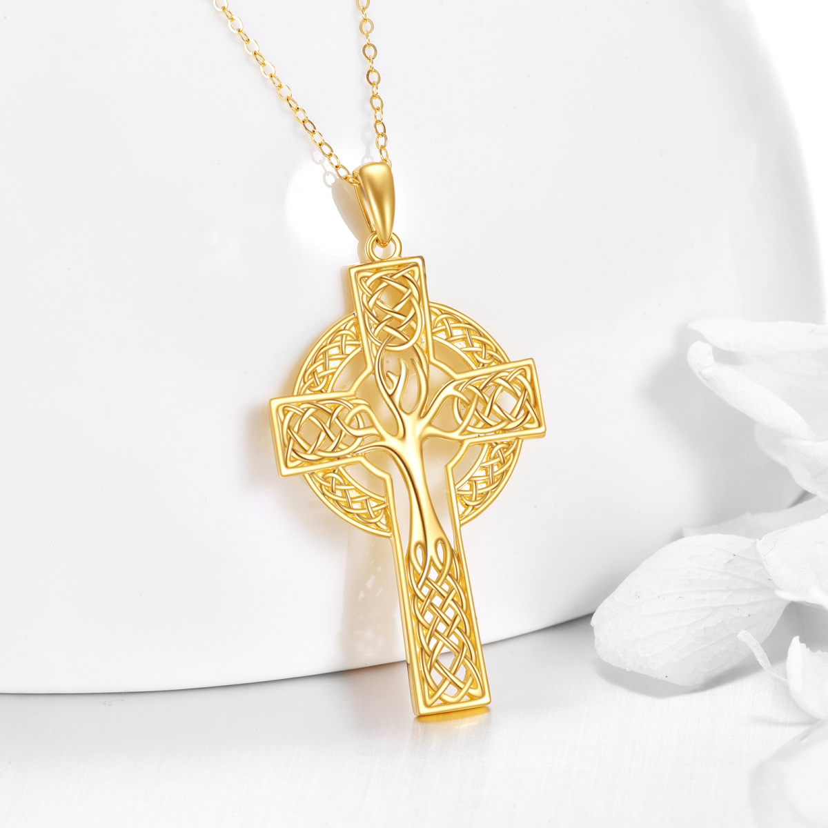 14K Yellow Gold Tree Of Life With Celtic Knot Cross Pendant Necklace For Women-3