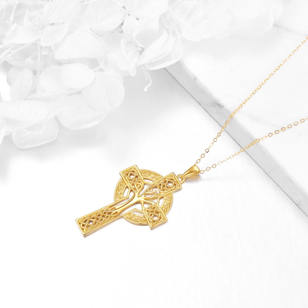 10K Yellow Gold Tree Of Life With Celtic Knot Cross Pendant Necklace For Women-4