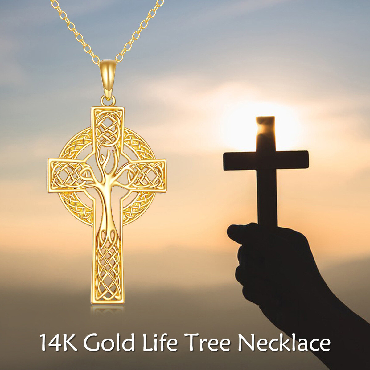 14K Yellow Gold Tree Of Life With Celtic Knot Cross Pendant Necklace For Women-6