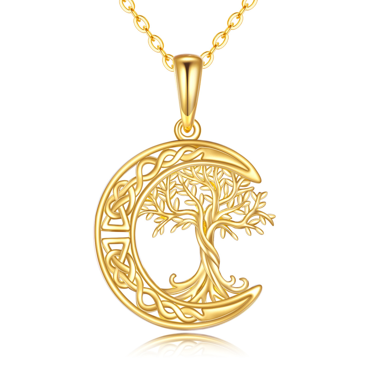 14K Yellow Gold Tree Of Life With Celtic Knot Moon Pendant Necklace For Women-1