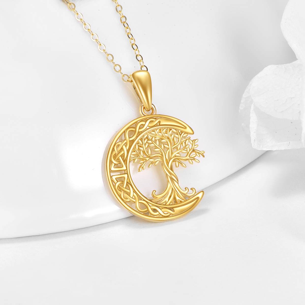 14K Yellow Gold Tree Of Life With Celtic Knot Moon Pendant Necklace For Women-3