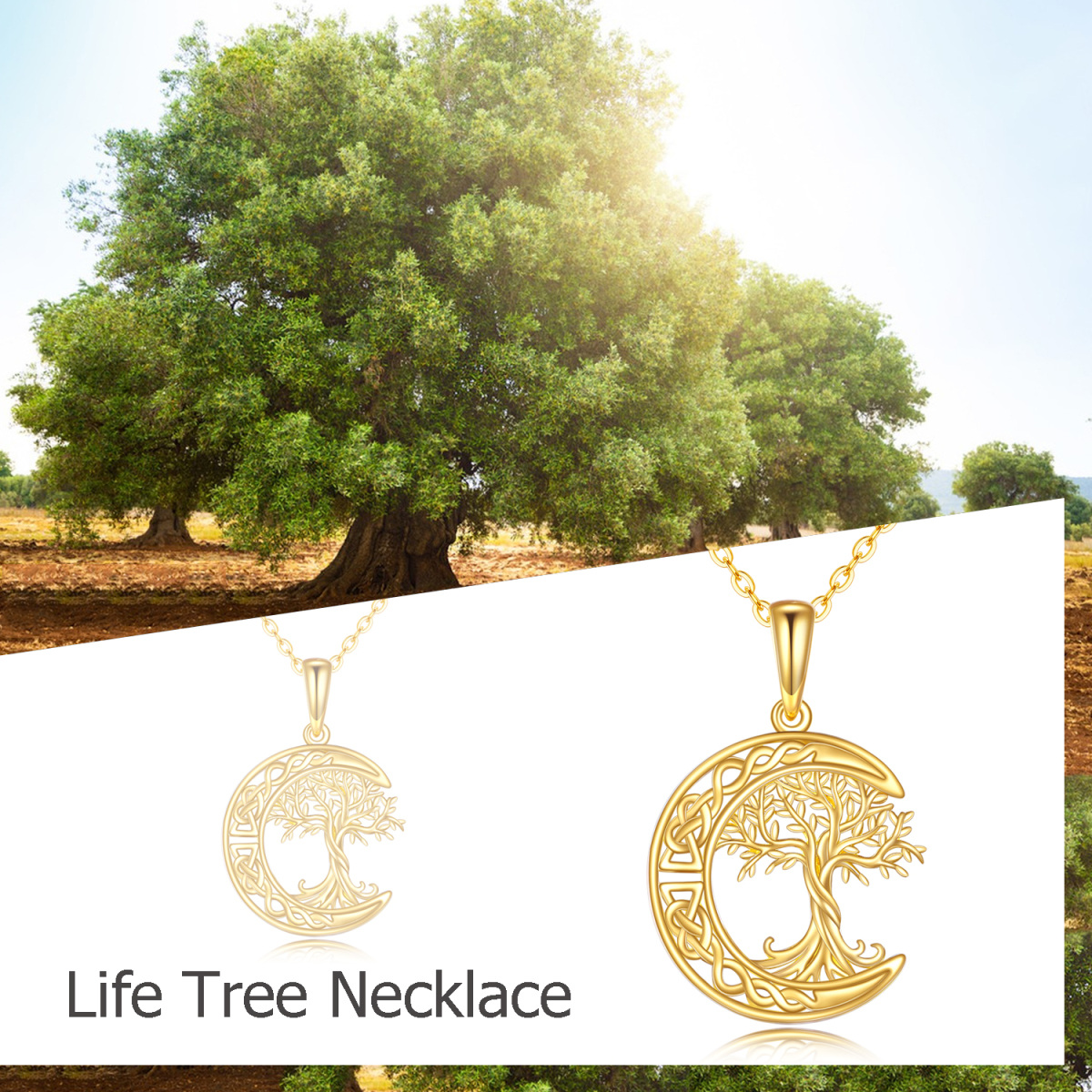 14K Yellow Gold Tree Of Life With Celtic Knot Moon Pendant Necklace For Women-5