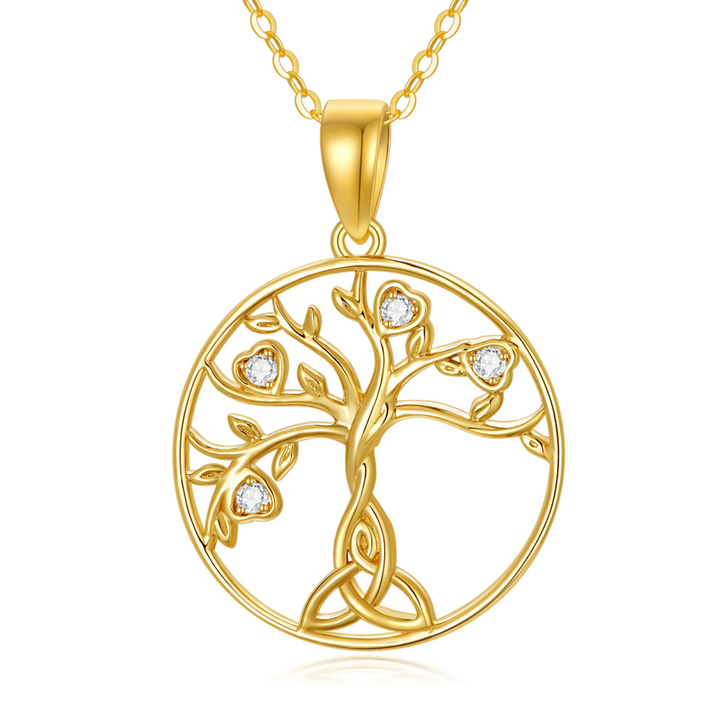 10K Gold Cubic Zirconia Tree Of Life & Celtic Knot Pendant Necklace-1