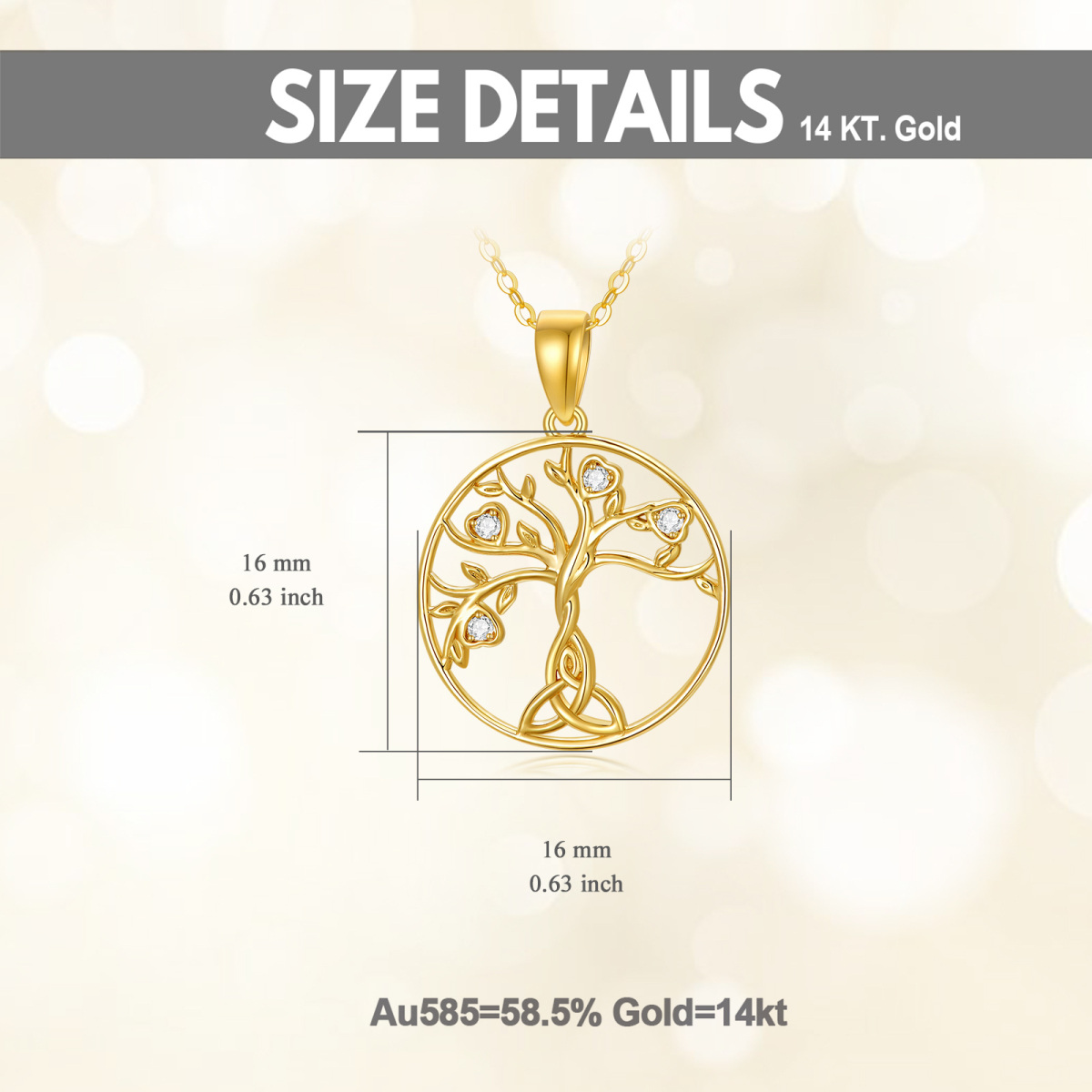 14K Gold Cubic Zirconia Tree Of Life & Celtic Knot Pendant Necklace-3