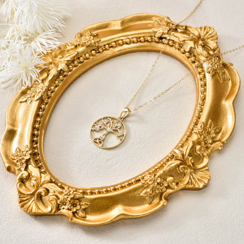 Colares com pingente de árvore genealógica de zircônia em ouro maciço 10K para mulheres-5