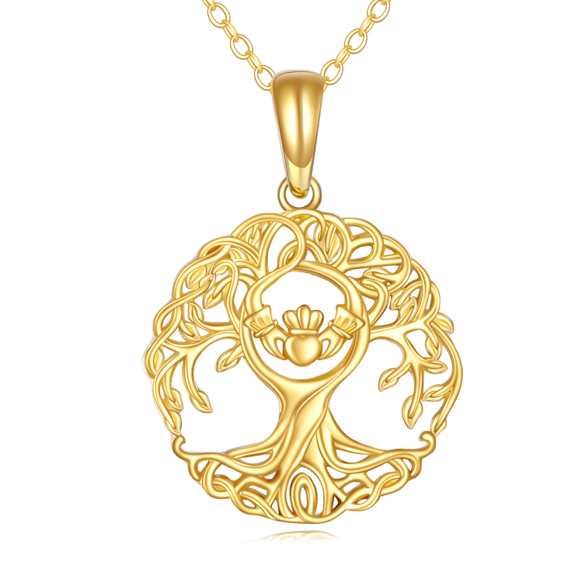 Colar com pingente Claddagh Árvore da Vida em ouro 14K-1