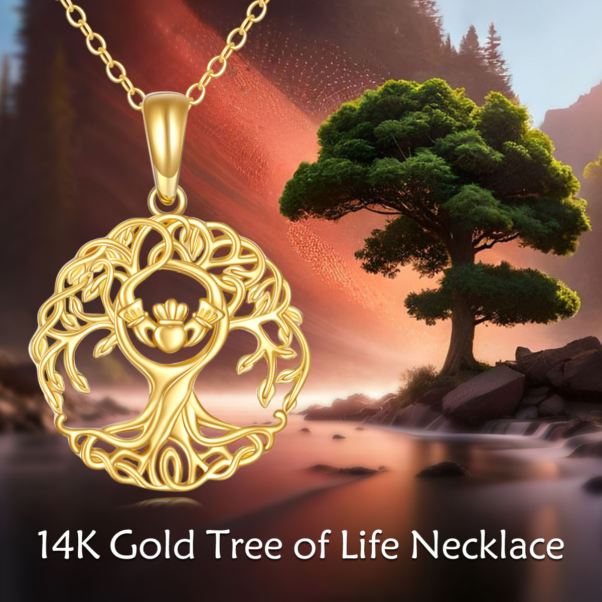 Collana con ciondolo Claddagh Albero della vita in oro 14K-6