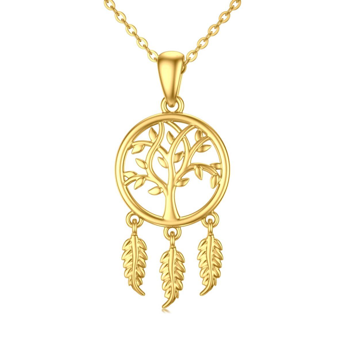 Collier en or 14K avec pendentif arbre de vie et attrape-rêves-1