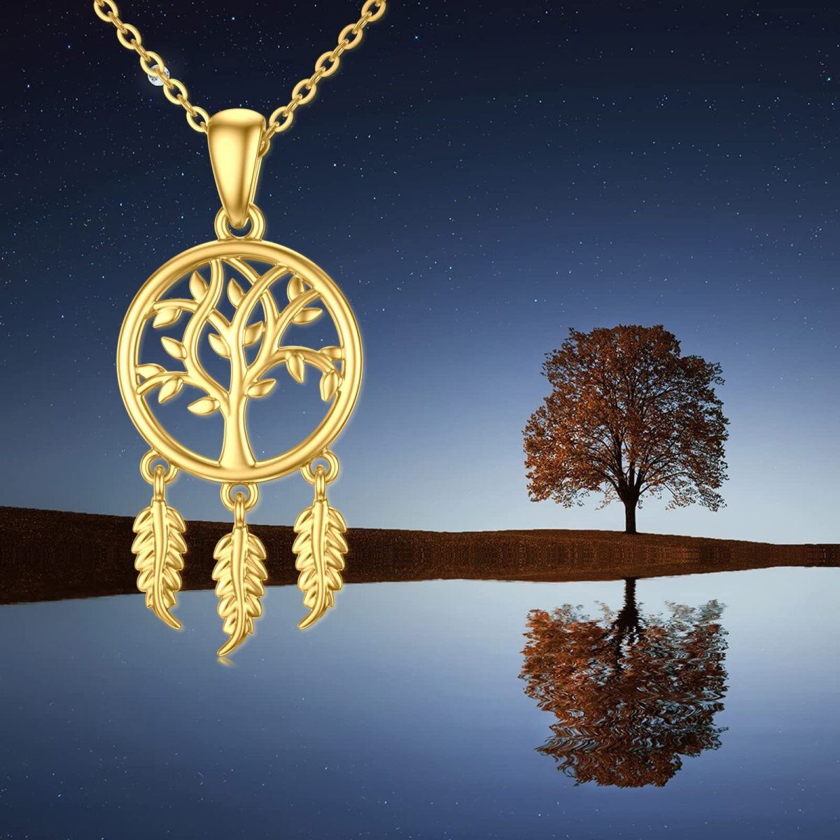 Collier en or 14K avec pendentif arbre de vie et attrape-rêves-5