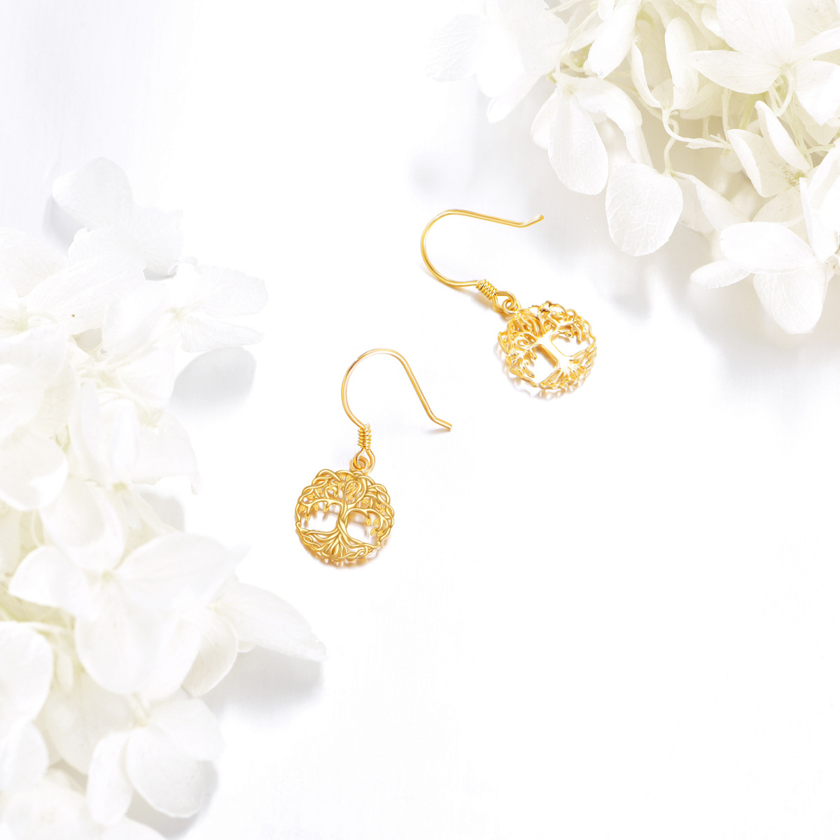 Pendientes colgantes del árbol de la vida en oro de 14 quilates-3