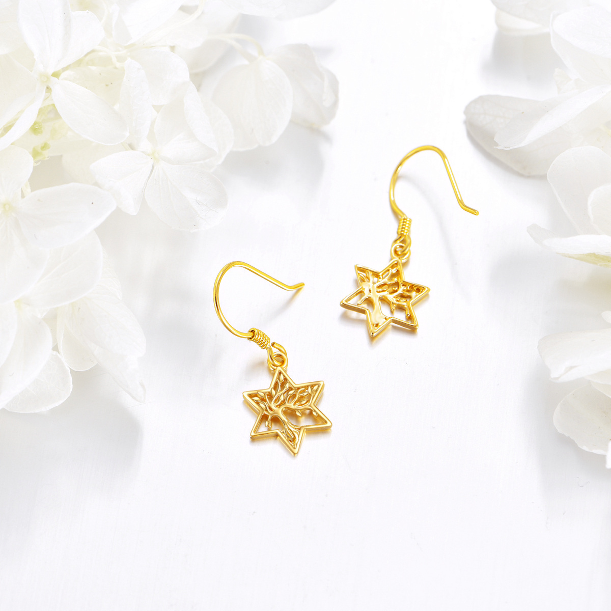 Boucles d'oreilles pendantes en or 14K avec arbre de vie-3