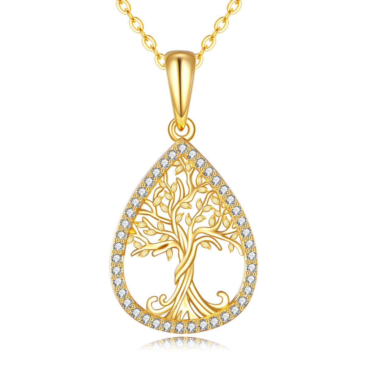 10K Gold Cubic Zirconia Tree Of Life & Drop Shape Pendant Necklace-1