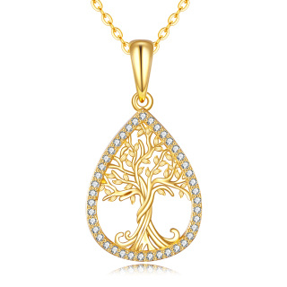 10K Gold Cubic Zirconia Tree Of Life & Drop Shape Pendant Necklace-37